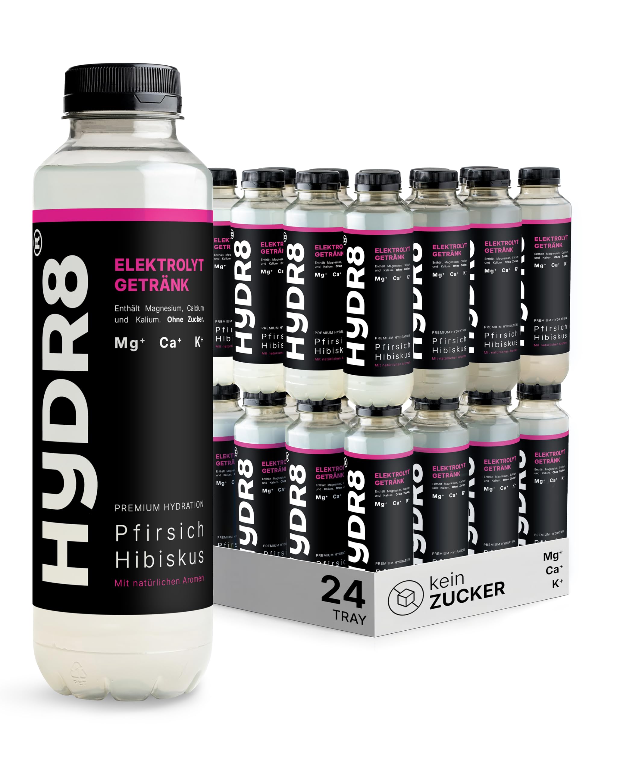 HYDR8 Elektrolytgetränk ohne Zucker 24 x 500 ml Pfirsich-Hibiskus – 5 Elektrolyte inkl. Magnesium – Zero Getränk - erfrischend für Party, Sport, Festival, Hitze (inkl. Pfand)