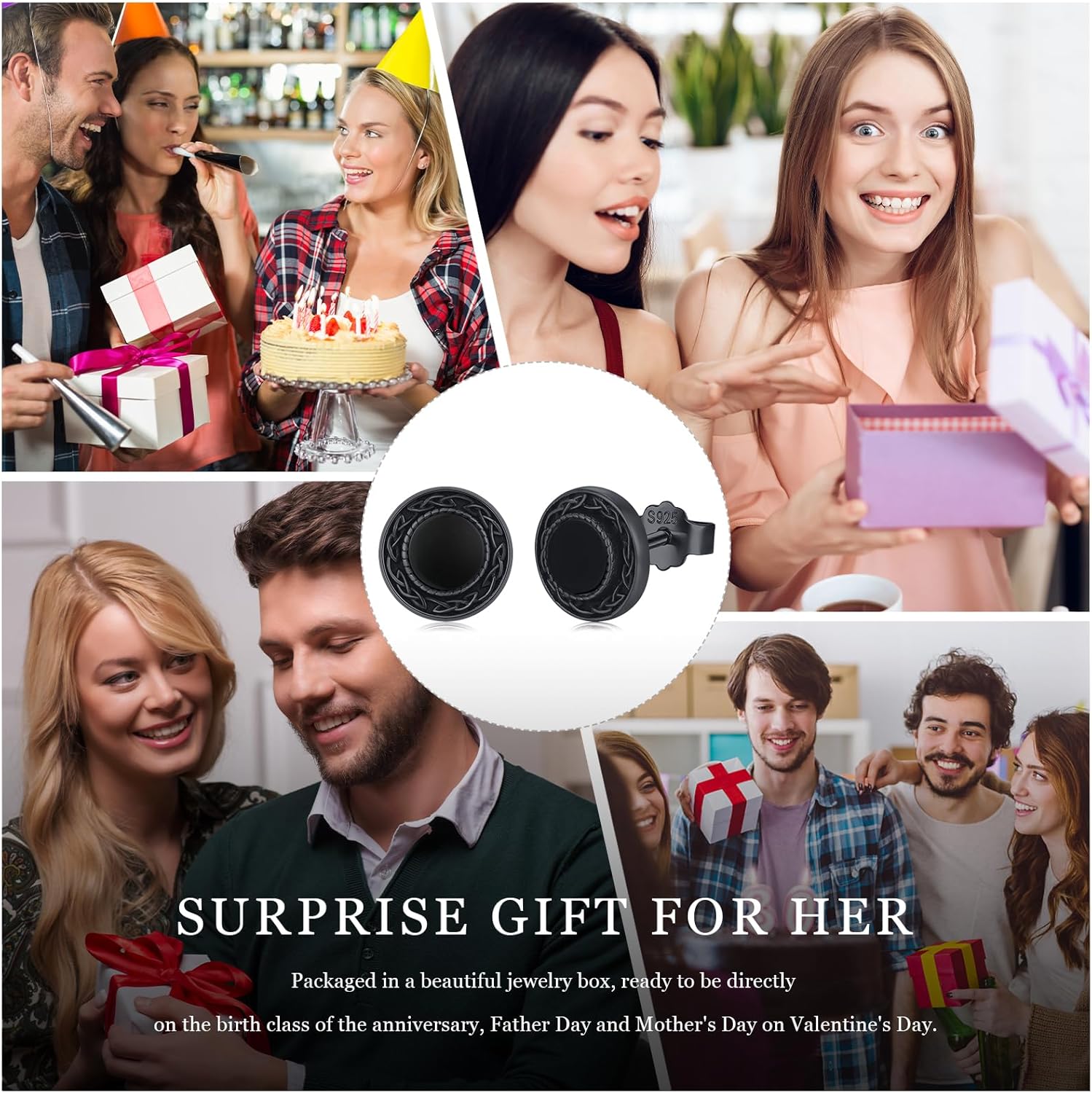 Black Stud Earrings 925 Sterling Silver Black Round Earrings Hypoallergenic Punk Gothic Jewelry Gifts Birthdays Christmas for Women Men - Image 7