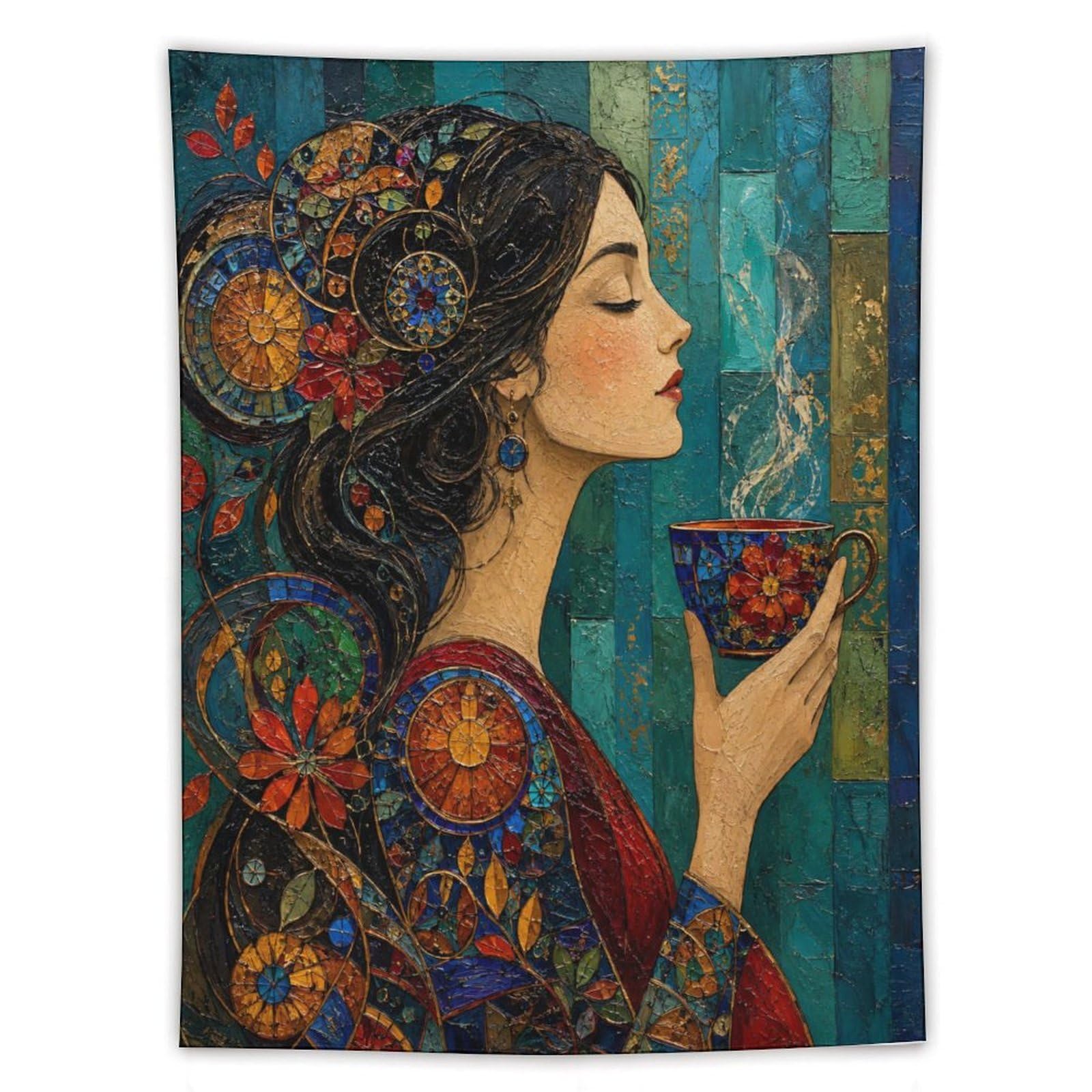 H3B8U2Y5 Woman with Teacup Wall Tapestry, Mosaic, Byzantine Jewel