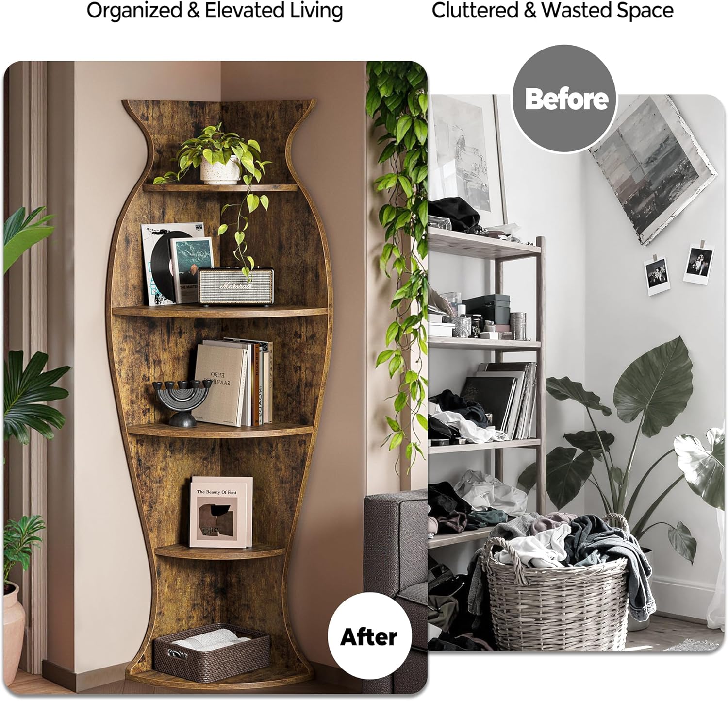 Small Corner Shelf, 5-Tier Vase-Shaped Bookshelf Organizer for Living Room Decor, Bedroom, and Office, Modern Freestanding Corner Bookcase for Storage and Display, Vases Home Decor Accent