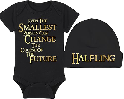 LOTR Baby Onesie and Hat - Even The Smallest Person Can Change The Course Of The Furture - Halfling (12-18 Month - Black Fabric - Gold Design)