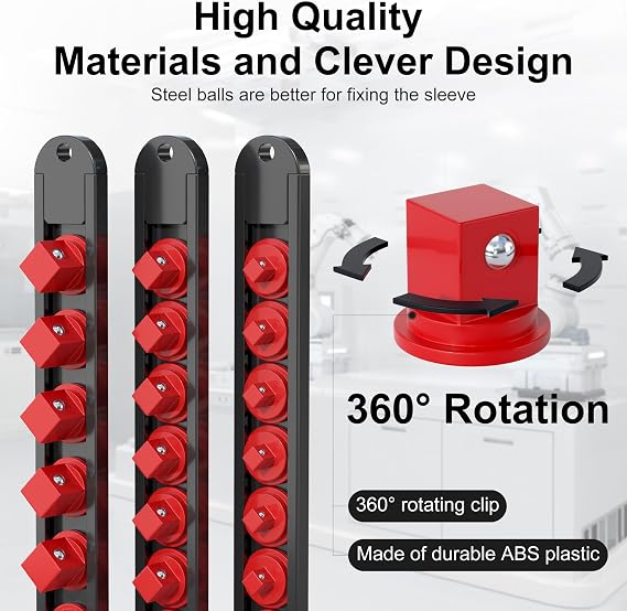 FivePears 3PCS 360 Socket Organizer Twist Lock,3/8 1/4 1/2 Socket Storage Rails, Premium Quality Socket Holders for Tool Box ,Tool Carts,Contains up to 40 Clips (Blue, Red and Black)