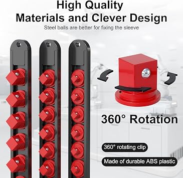 FivePears 3PCS 360 Socket Organizer Twist Lock,3/8 1/4 1/2 Socket Storage Rails, Premium Quality Socket Holders for Tool Box ,Tool Carts,Contains up to 40 Clips (Blue, Red and Black)