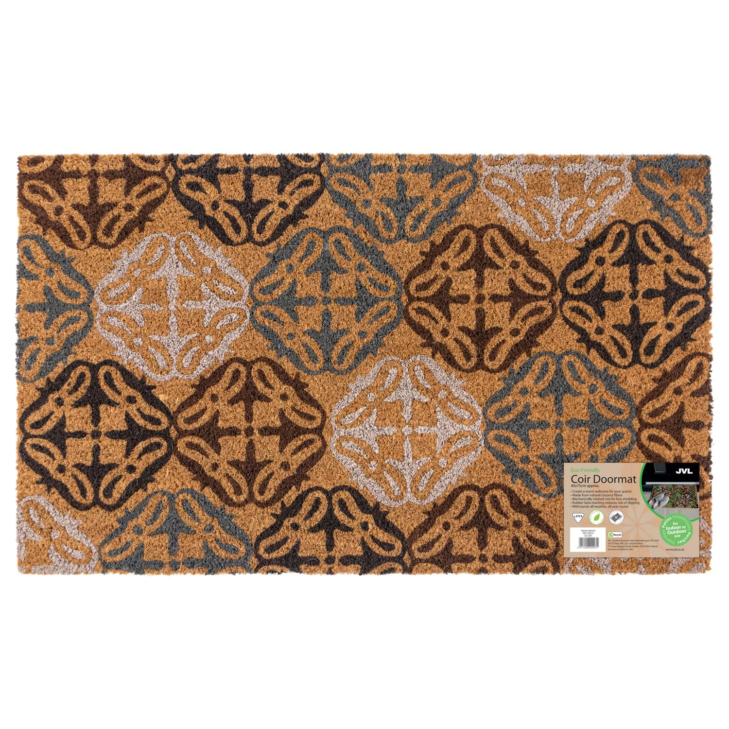 JVL Eco-Friendly Latex Backed Coir Entrance Doormat, 45x75cm - Tiles