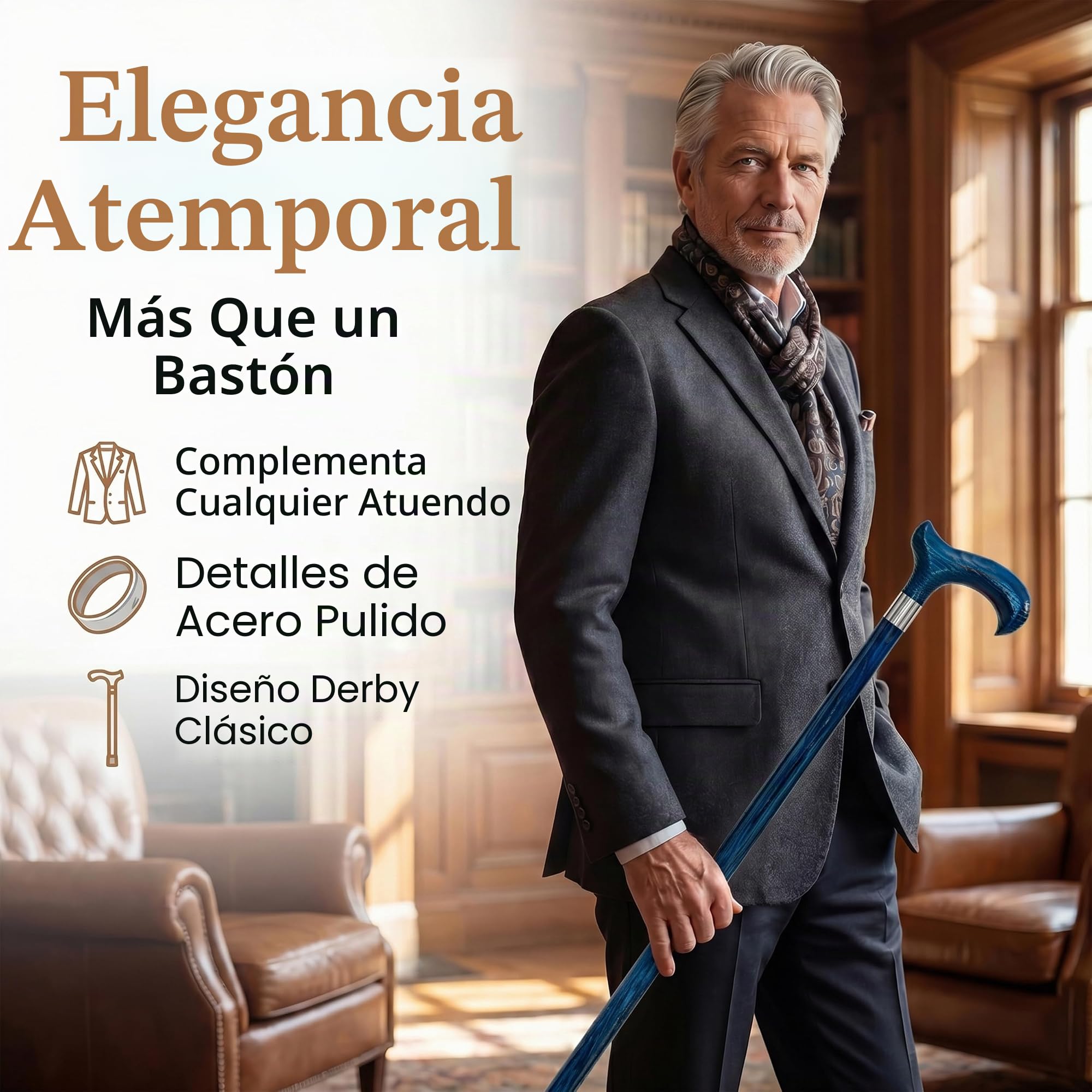Dr. Watson Classic Derby Walking Stick – Handcrafted Ash Wood Cane with Polished Stainless Steel Collar