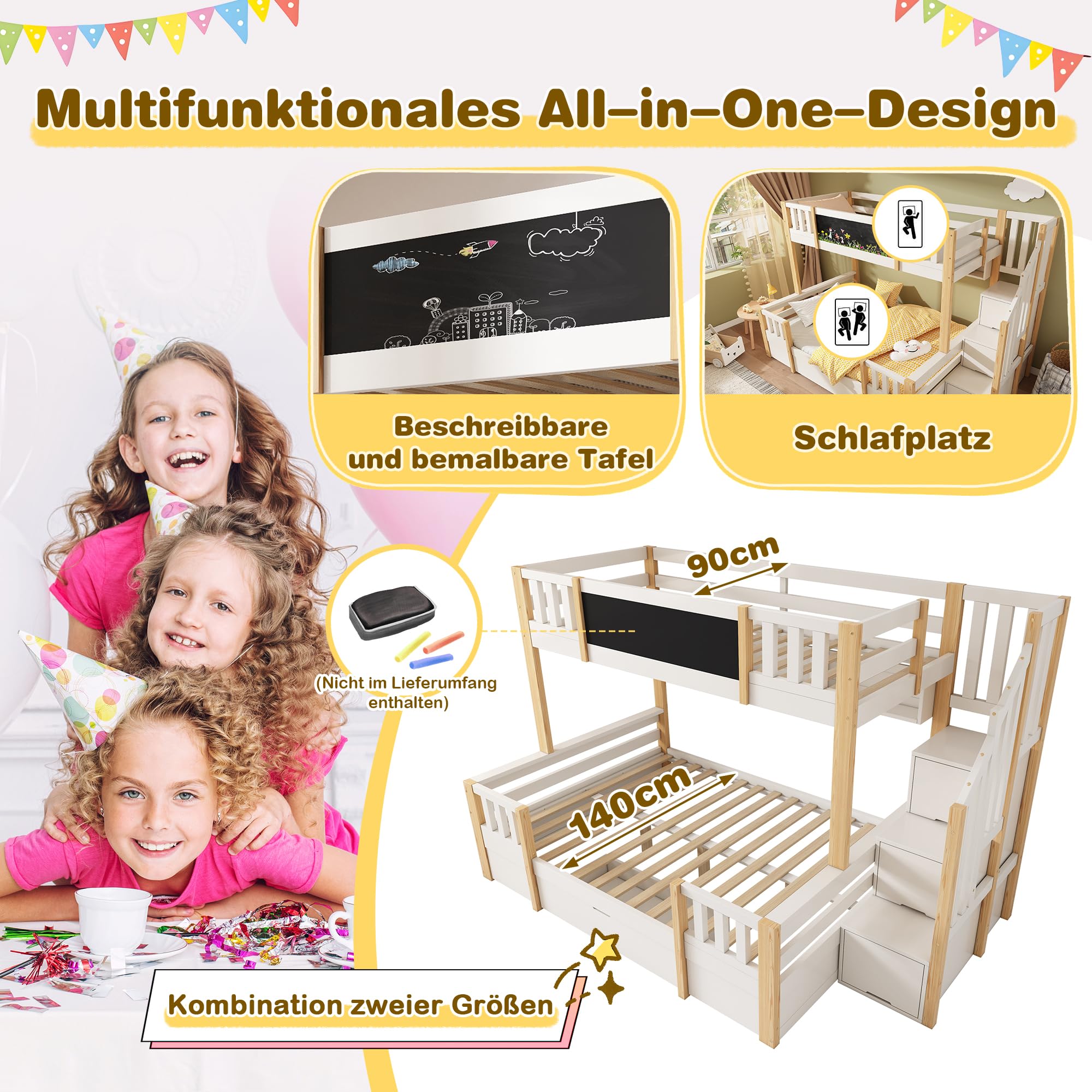 Letto a castello per 3 bambini, 90 x 200 e 140 x 200 cm, in legno massello con lavagnetta, scala di archiviazione, 2 cassetti e armadio scaletta, letto a soppalco/letto a castello per ragazzi