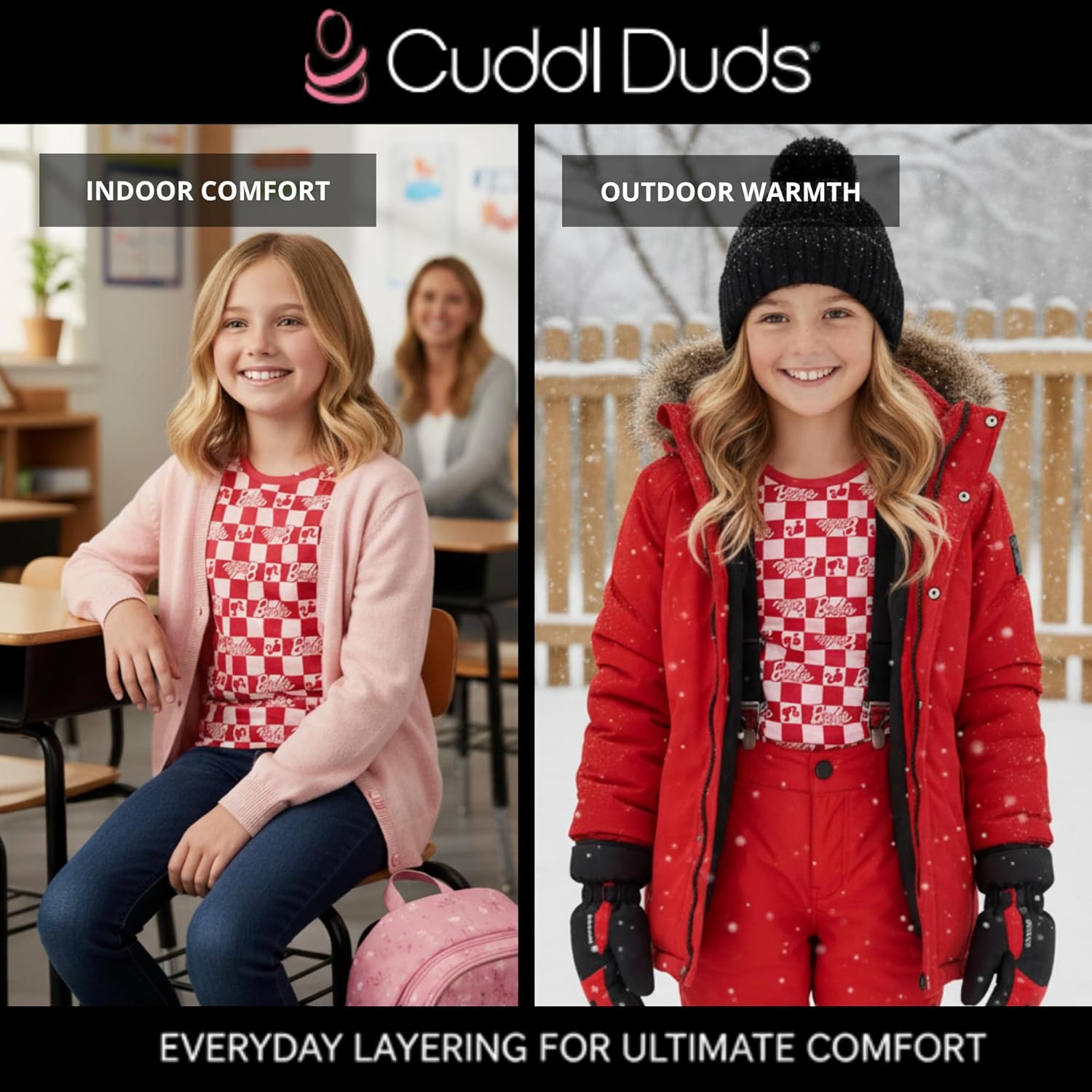 Cuddl Duds Girls Thermal Underwear Set - Hello Kitty, Squishmallows, Barbie Designs - Kids Long John Base Layer - Image 2
