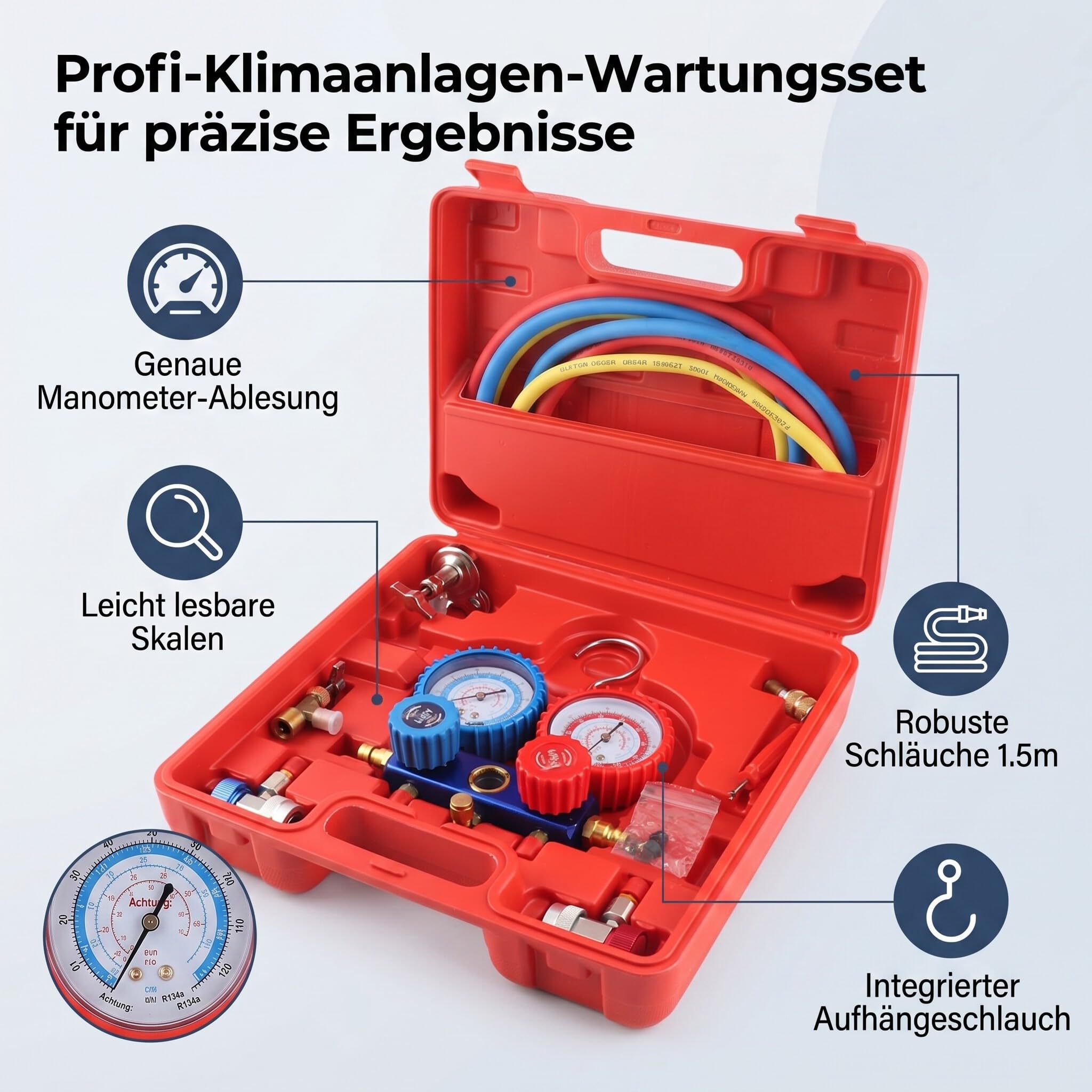 Klimaanlage Monteurhilfe R134A Kältemittel-Manifold-Messgerät Set mit 5-Fuß Schlauchset, Schnellkupplung für Split-Systeme