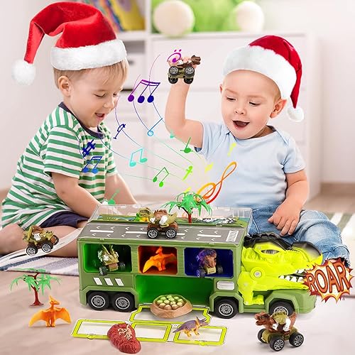 Miniatura 4 de Camiones de dinosaurios de juguete para niños de 3 a 5 años, camión transportador de autos de transporte de dinosaurios con luz de sonido musical,