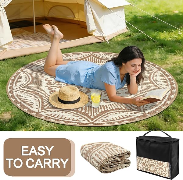 Capslpad Tapis d'extérieur rond - Diamètre : 150 cm - En plastique - Léger - Pour balcon, pique-nique, camping, jardin - Beige - 3