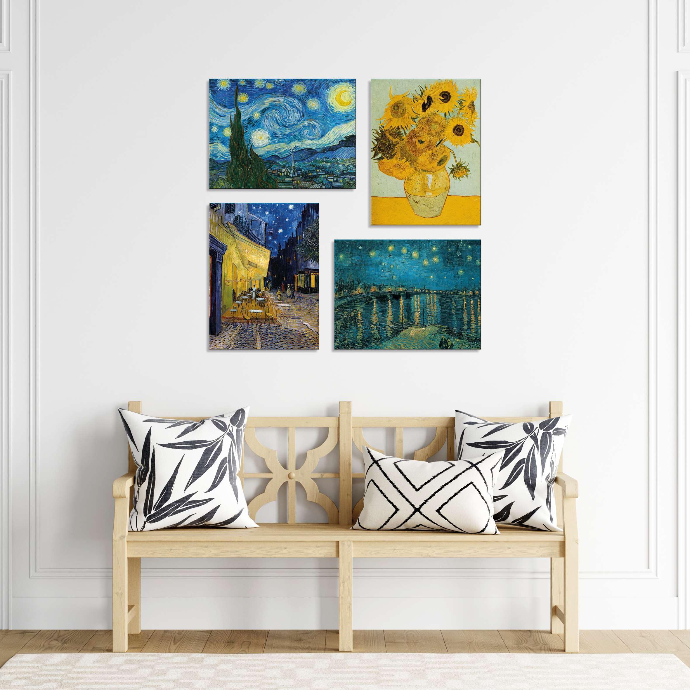 LuxHomeDecor Juego de 4 cuadros 40 x 30 cm – Impresión sobre lienzo con marco de madera – Vincent V. Gogh – Noche estrellada, girasoles, terraza del café, noche en el Ródano