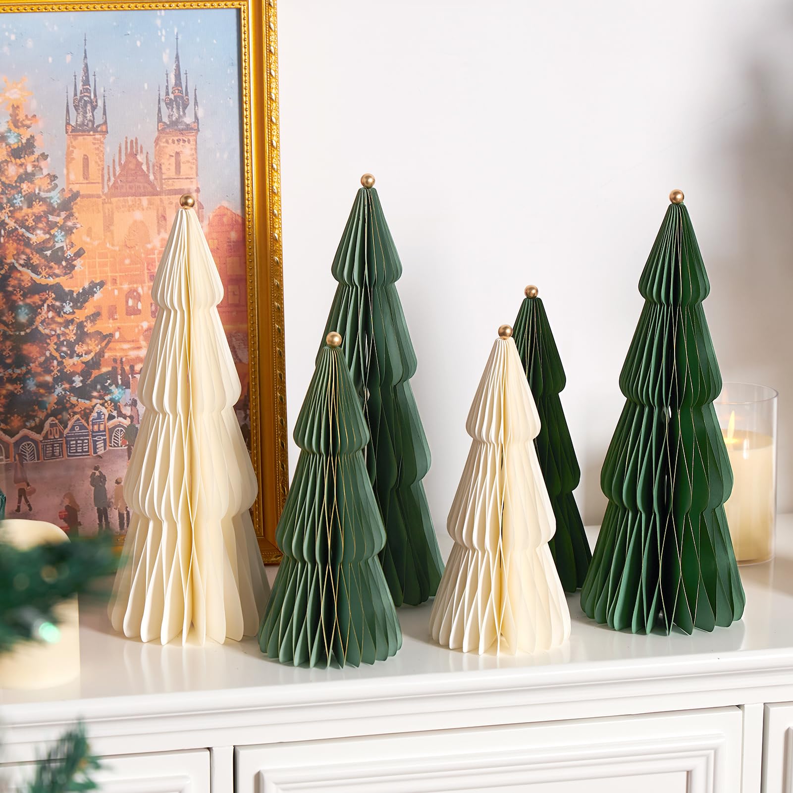 SUNBEAUTY 6 Stück weihnachtsdekoration Tischdeko matt Grün 3D Papier Weihnachtsbaum Waben Papiertannenbäume mit Metallkugel Christmas Baumschmuck Deko für Esstisch Schrank Fensterbank Kaminsims