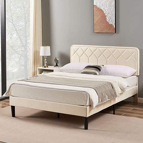 Miniatura 4 de VECELO Base de cama tamaño Queen con plataforma tapizada de terciopelo de alta calidad con cabecera ajustable en altura  base de colchón, soporte de