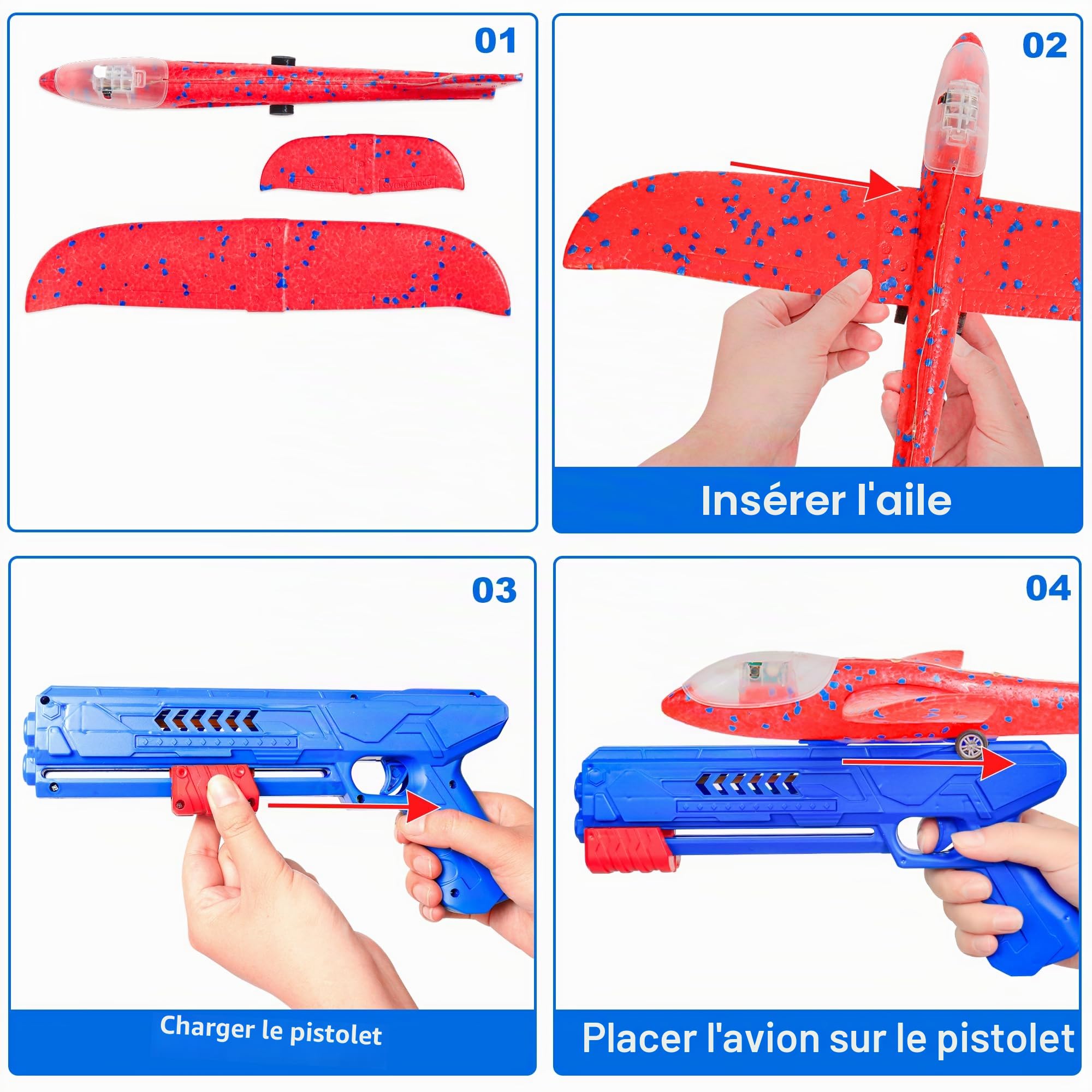 3 Avions Planeurs Enfant, Avion Jouet en Mousse avec LED & Lanceur, Planeur Extérieur Jusqu’à 15m, Jouet Enfant 3-12 Ans, Cadeau Garçon Fille