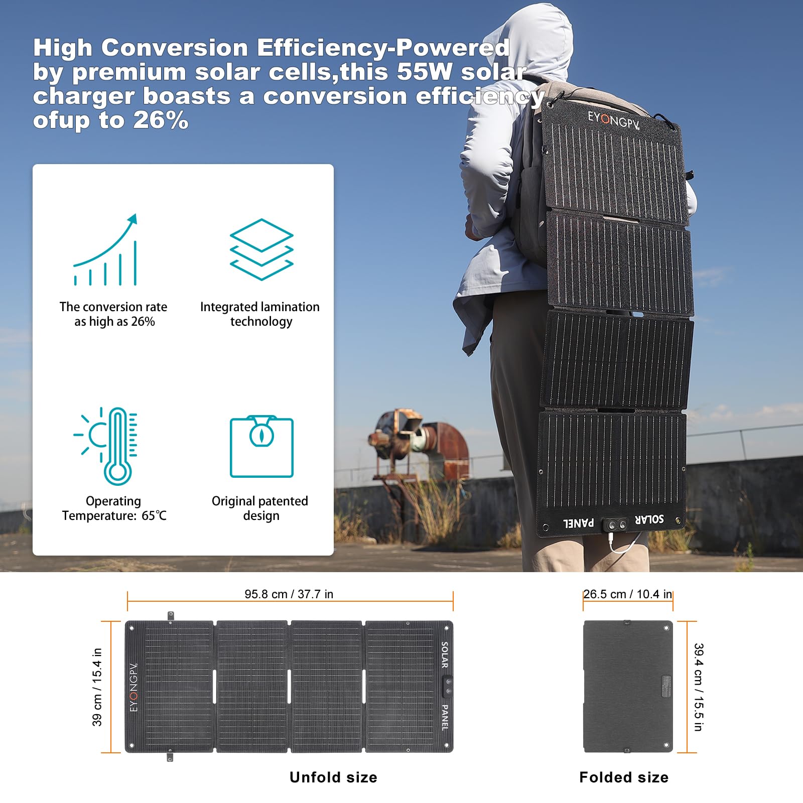 EYONGPV Caricatore pieghevole a pannello solare da 55 W con LED Owl-Eye, USB-C e USB-A DC, caricabatterie solare portatile per campeggio, escursionismo, camper, all'aperto, compatibile con iPhone