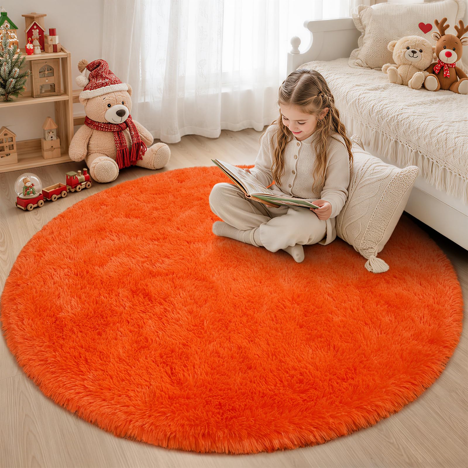 iEvery Orange Round Shaggy Rugs 160cm, Soft Fluffy Living Room Carpets, Circle Rug for Girls Bedroom Non-Slip Plush Circular Floor Mat Long Pile for Nursery Playroom Kids Room
