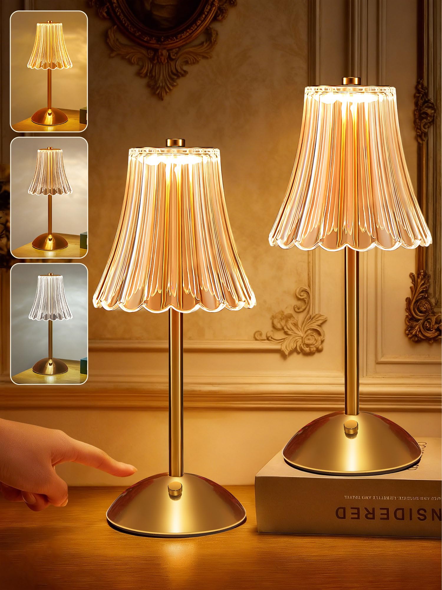 One Fire Women's Champagne Gold Bedside Lamps Set Of 2,Dimmable+3 Colors Bedside Lamp Table Lamp For Bedroom, Touch Lamps Rechargeable Lamp, White Bedside Tables Set Of 2,Cordless Lamp Battery Lamp Gifts For