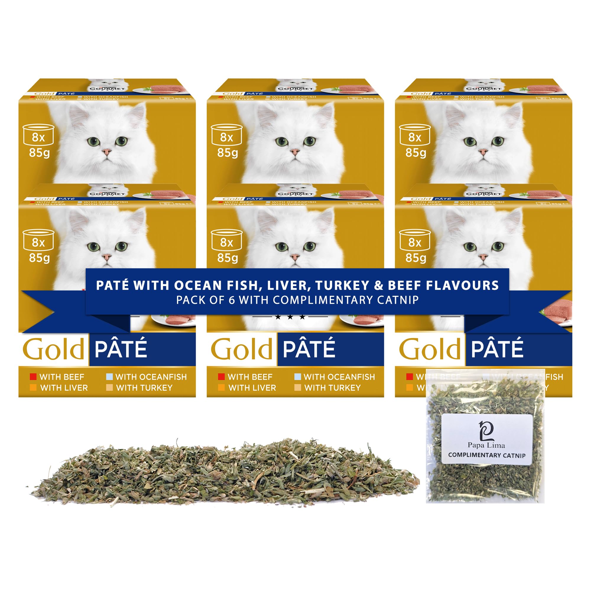 Wet Cat Food Bundle | Paté with Ocean Fish, Liver, Turkey and Beef Flavours | Pack of 6 | 48 x 85g Tins + Papa Lima Pure Canadian Catnip for Happy, Healthy Cats