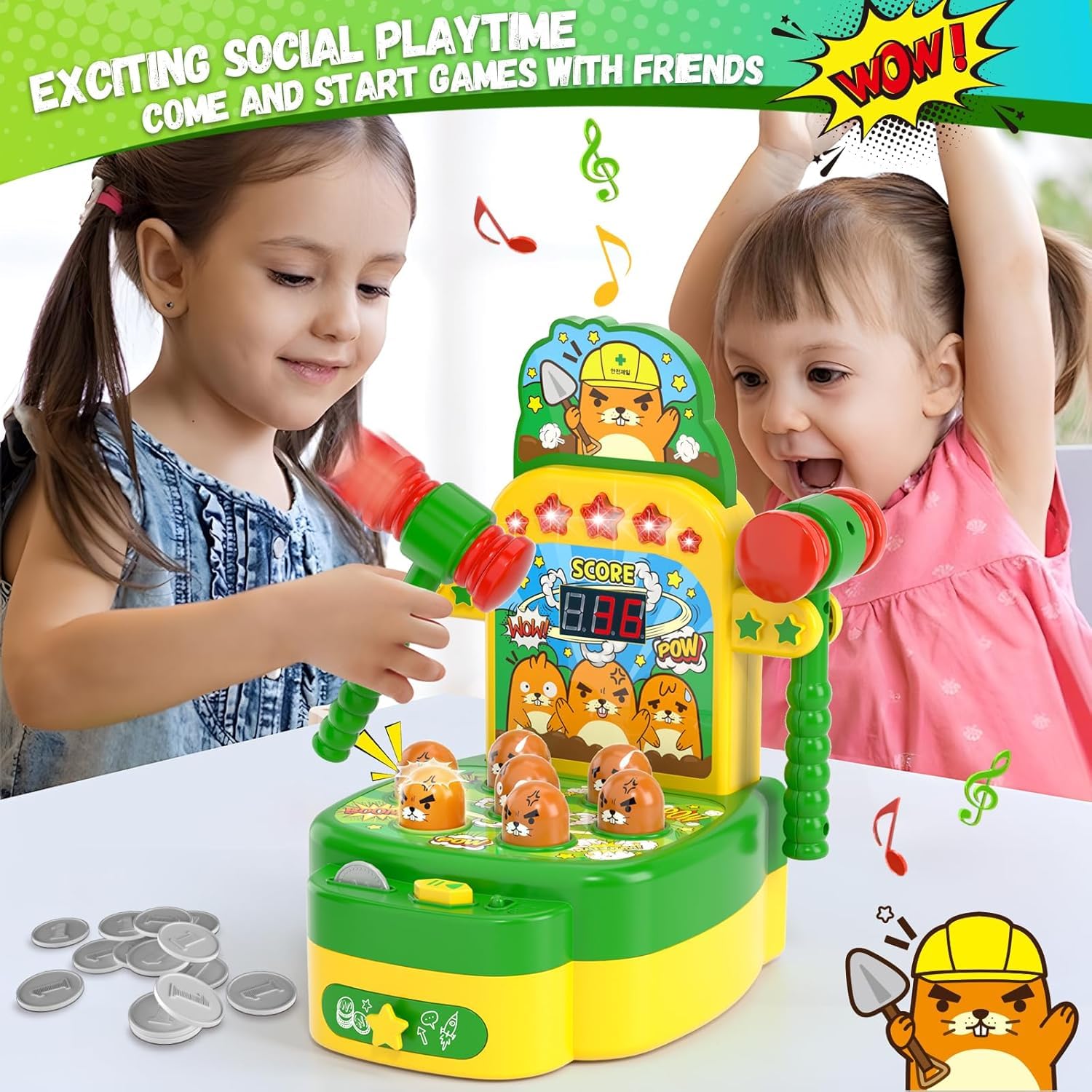 Mole Whack Spiel für Kinder ab 3 Jahre, Whack Spiel mit 2 Hämmern, Hau-den-Maulwurf-Spiel Interaktives Musik Spielzeug Elektronische Spiele zur Förderung der Motorik, Entwicklungsspielzeug