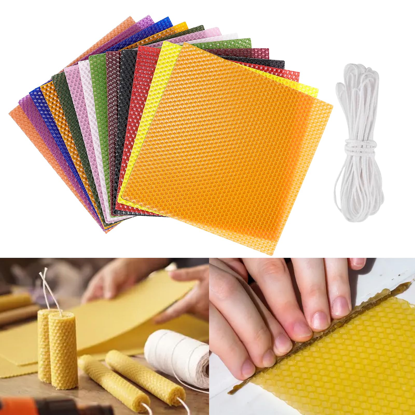 BORDEAG 24 placas de cera de abejas, placas de cera de 12 colores para velas, placas de cera de abejas para velas con 24 mechas de algodón, velas de cera de abejas para hacer tú mismo velas para