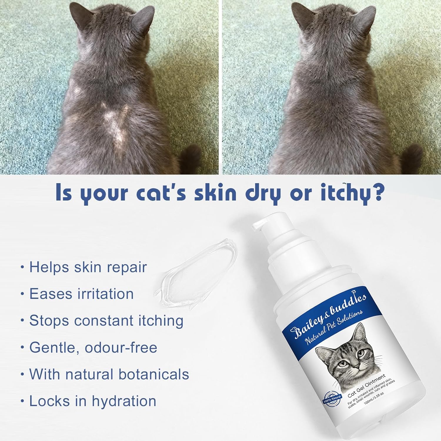 Bailey & buddies Pommade Naturelle pour la Peau de Chat, soulage la Peau sèche, démangeaisons, Points Chauds, eczéma et Allergies - Formule enrichie en oméga