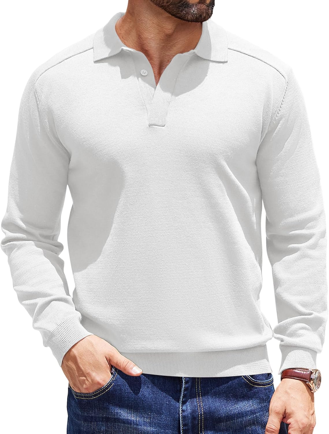 COOFANDY Mens Knit Polo Sweater Long Sleeve Polo Collared Sweaters Hidden Button Casual Pullover Sweater