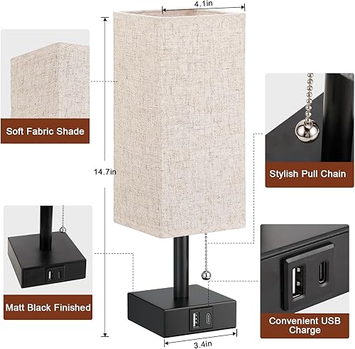 Miniatura 4 de Lámpara de noche beige con puertos USB, lámpara de dormitorio con cadena de tracción para mesita de noche, lámpara de mesa pequeña con USB C + un