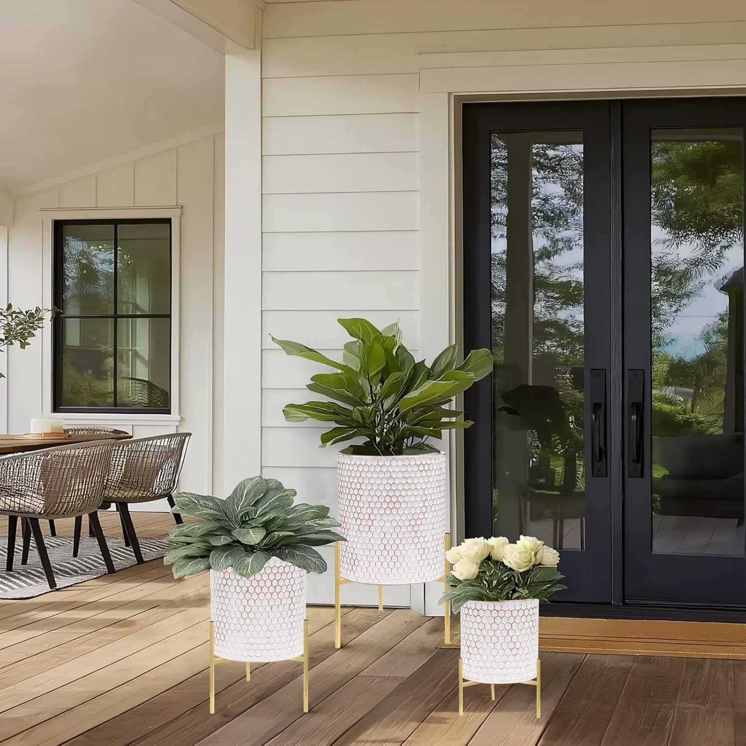 Growsun Metal Planter Stand Set of 3, Indoor OutdoorPlant Stand with Flower Pots, Rust-ResistantElevated Plant Display for Balcony Patio &Living Room