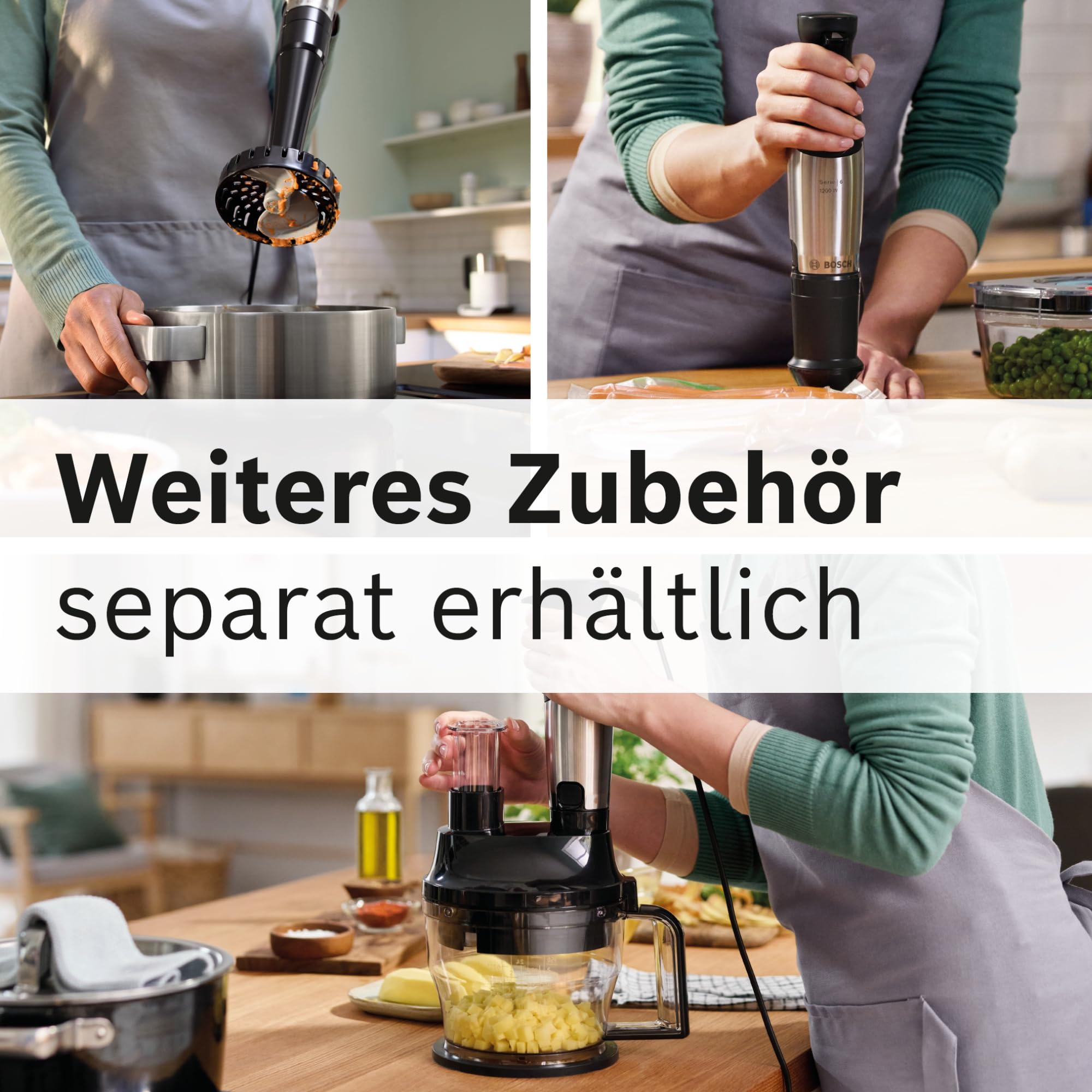 Bosch Stabmixer ErgoMaster Serie 6, mit Zerkleinerer, Schneebesen, Mixbecher, Edelstahl-Klingen, verschleißfreie Keramik-Kupplung, langlebig, Luftkühlung, 1000 W, Edelstahl, MSM6M622