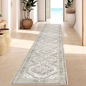 KUTA Oriental Washable Runner Rug, 2x12 Ivory Grey Yellow Runners for Hallways Non-Slip Kitchen Rugs Ultra Soft Printed Distressed Tribal Farmhouse Carpet for Bedroom Living Room Playroom