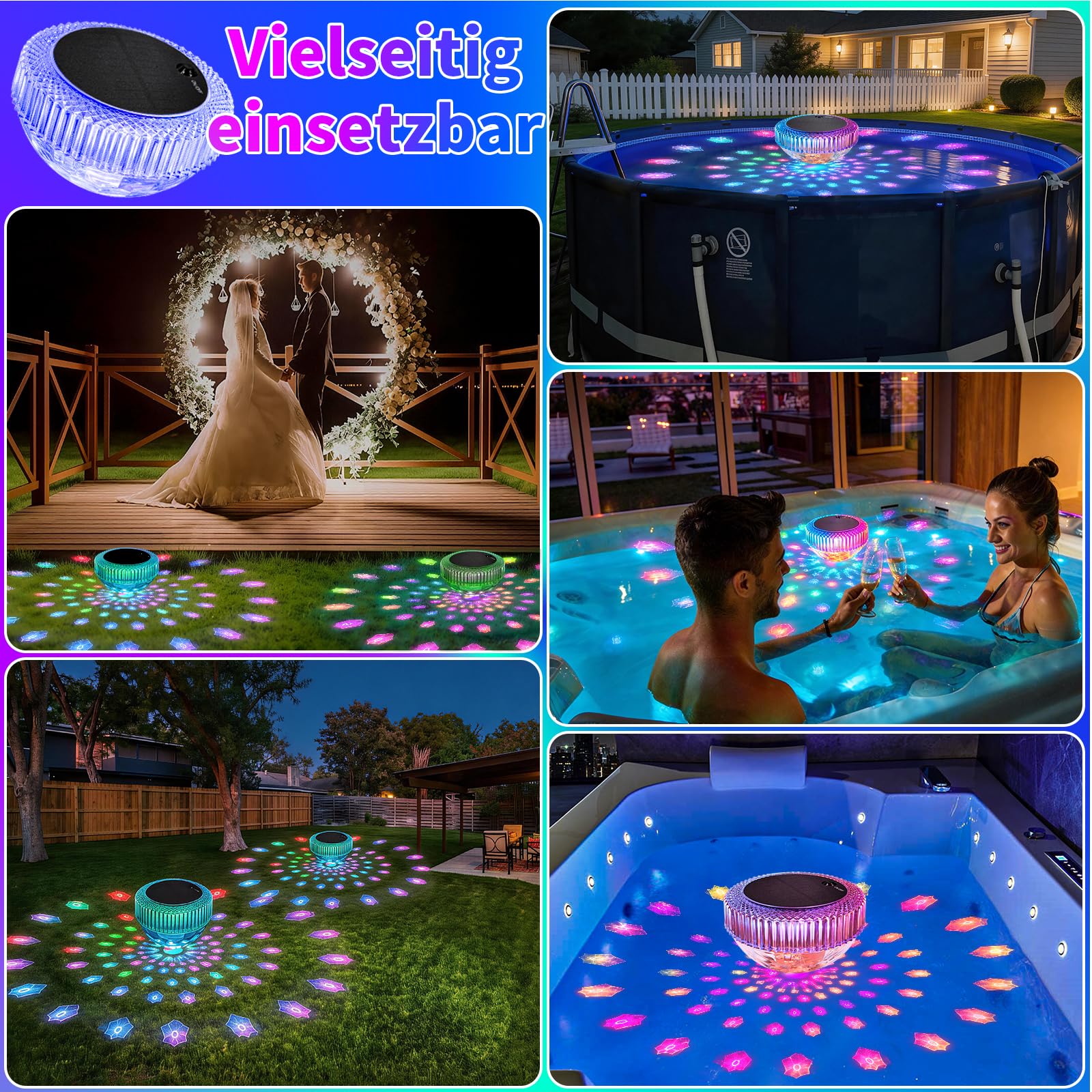 SIBI LIGHTING Schwimmende Poolbeleuchtung Solar, RGBW Poollicht mit Fernbedienung, IP68 Wasserdicht Pool Beleuchtung für Schwimmbad, Teich, Party, 2 Stück