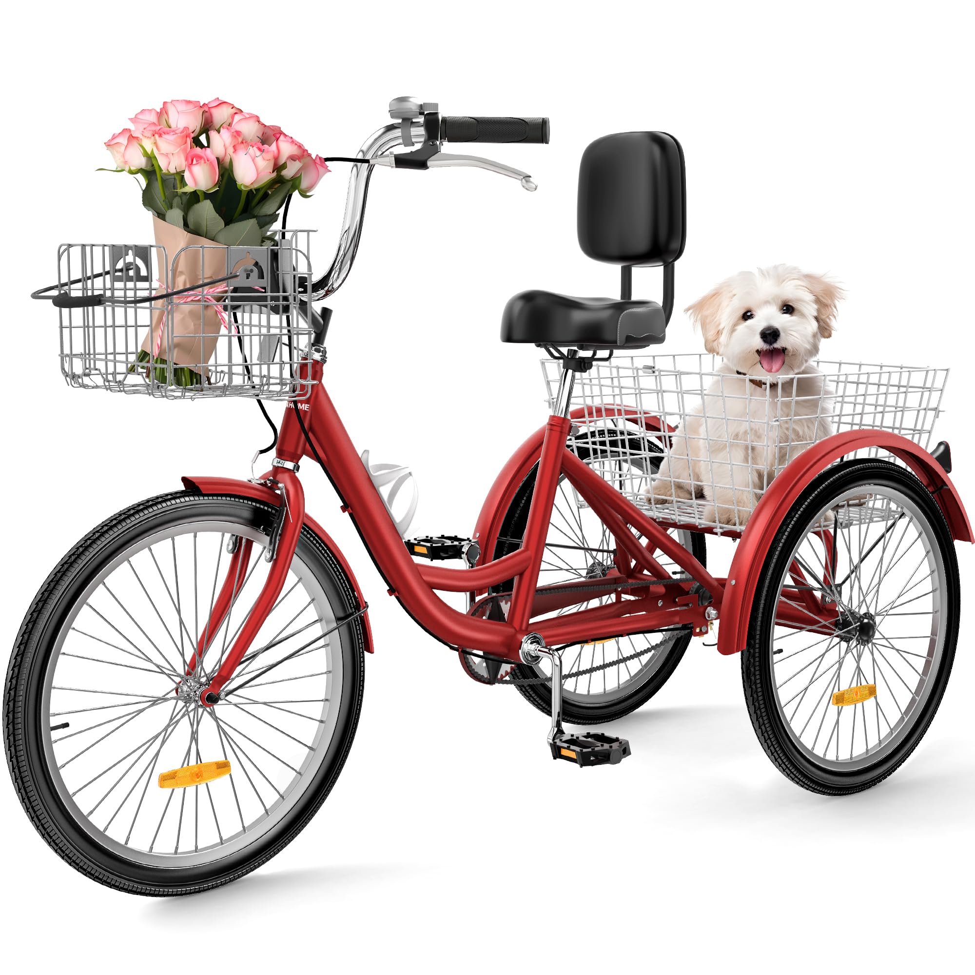 YITAHOME 24 & 26 Inch Adult Tricycle, 1 & 7 Speed 3 Wheel Bikes, Large Seat with Backrest Trike for Adults with Front & Rear Baskets, Cruiser Bike for Seniors Women Men Commute Picnic Outdoor