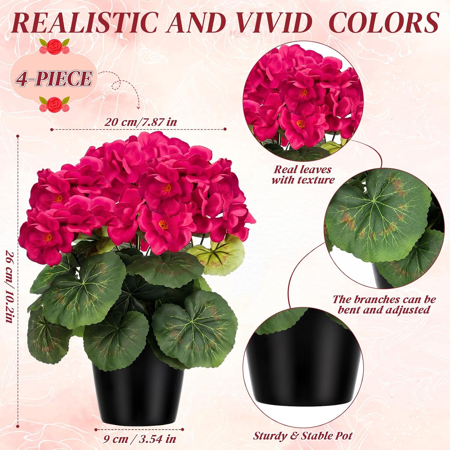 Zeyune 4 Pack Artificial Geranium Flowers for Outdoors Silk Flower UV Resistant Fake Plants Realistic Faux Flowers Outside for Home Kitchen Garden Patio Table Centerpiece (Rose Red)