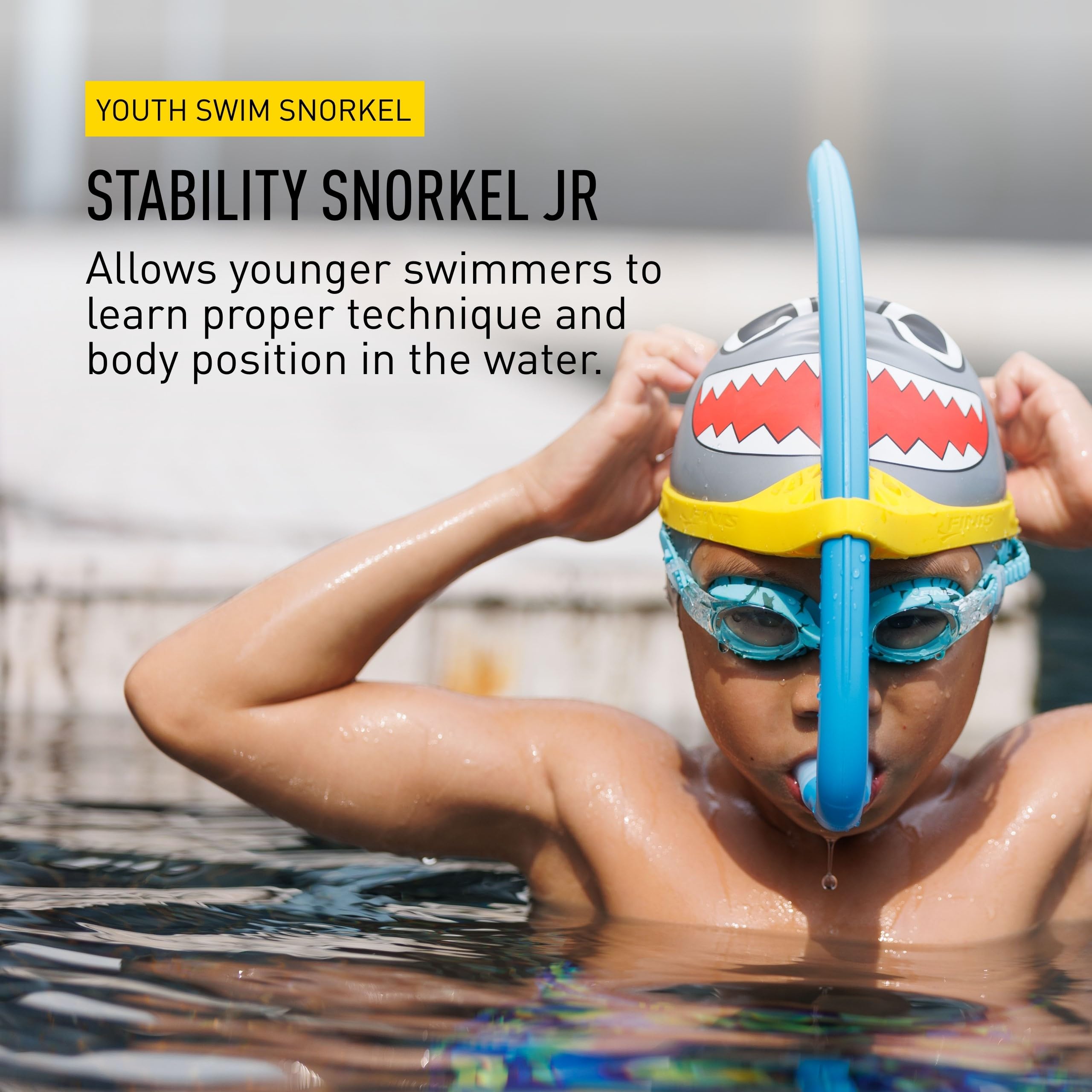 FINIS Stability Snorkel Jr - Swim Training Snorkel for Kids Ages 6-10 - Short Tube - Soft Mouthpiece - Ocean Blue