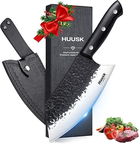 Miniatura 1 de Huusk Cuchillo de carnicero forjado a mano  Cuchillo de carnicero afilado de 8 pulgadas, cuchillo de chef de espiga completa con funda, cuchillo