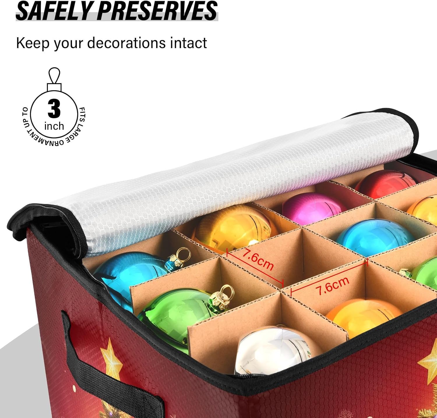 Christmas Sublimation Ornament Storage Box - Holds up to 64 Holiday Ornaments with Adjustable Dividers - 13 Inch Fabric Organizer Cube with Lid and Handles for Christmas
