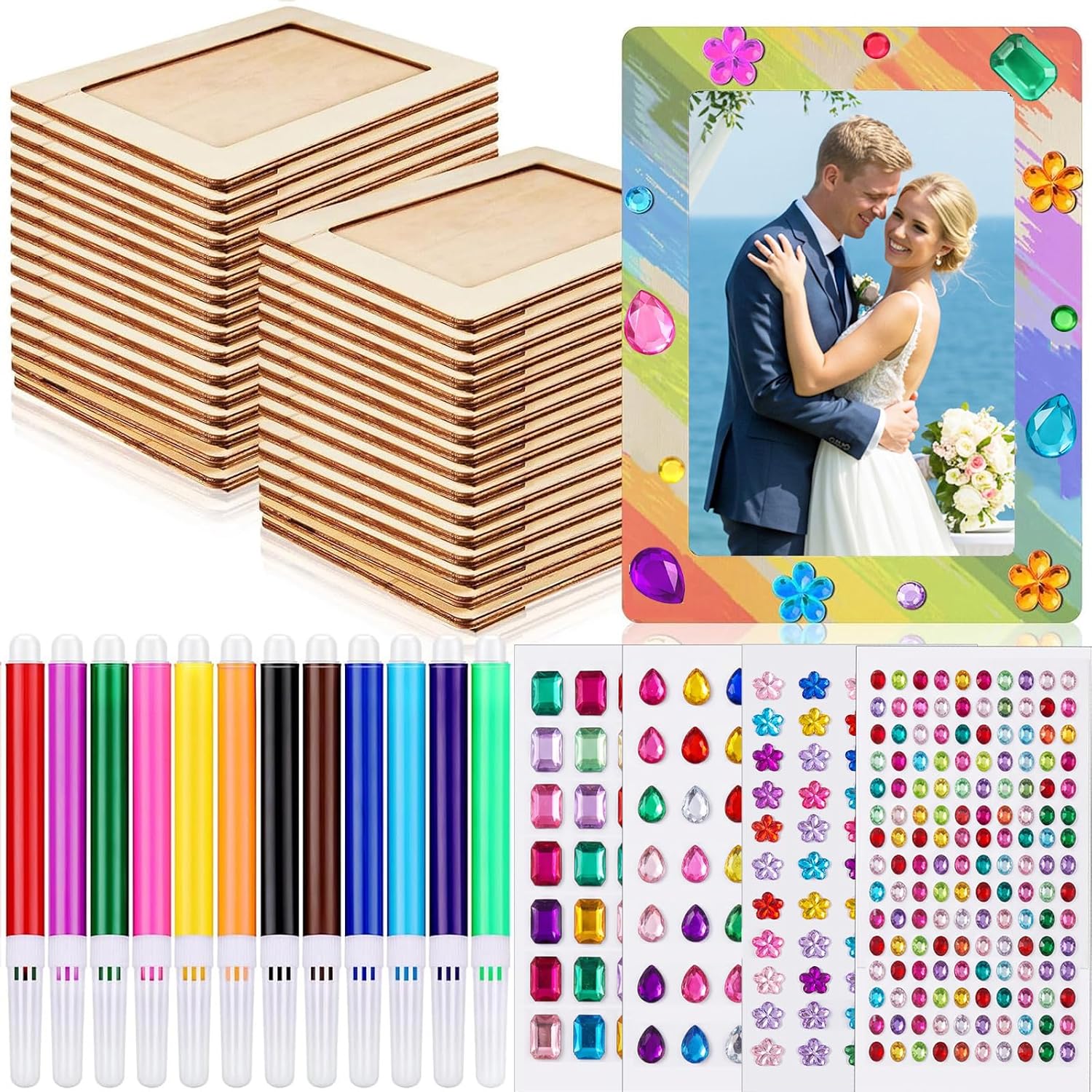 Zonon 200 Pcs Diy Picture Frame Painting Craft Kit Wooden Picture Frames for 4x6 Photo with 12 Pcs Color Pens 16 Sheets Diamond Sticker Sheets for DIY Crafts Home Decor