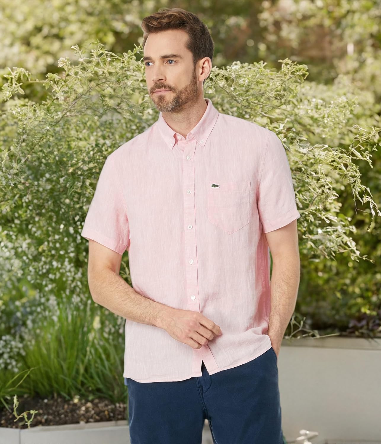 Lacoste Men's Regular Fit Linen Casual Button Down - Image 7