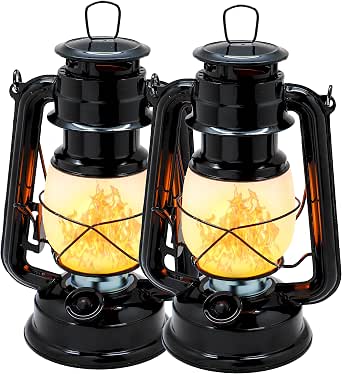 YAKii LED Vintage Flame Lantern 2 Pack - Metal Outdoor Hanging Lantern with Dancing Flame, Battery Operated, Black
