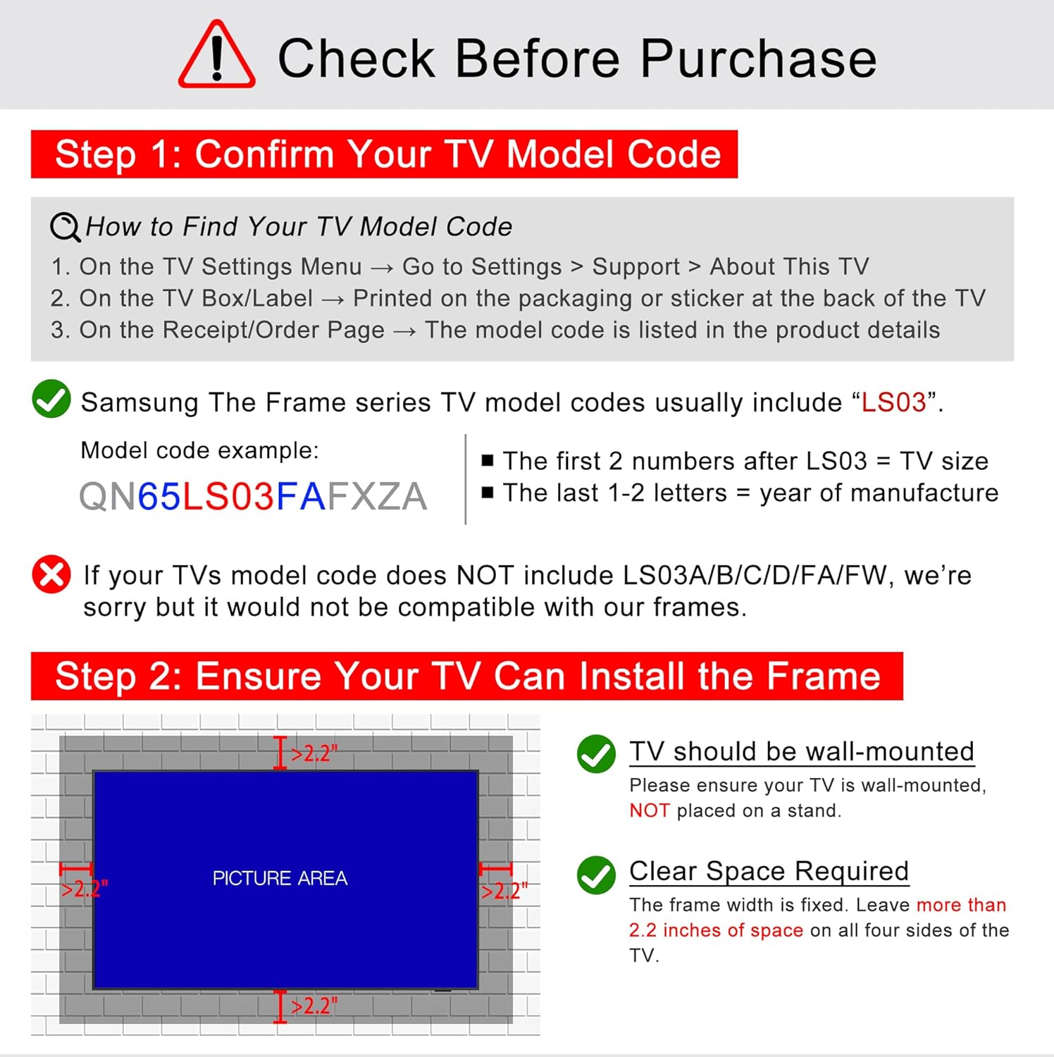 Black TV frame 43" (Gilded Noir, 43-LS03) - Compatible ONLY with Samsung The Frame TV and Pro TVs (Fits 2021-2026, LS03A, LS03B,LS03C,LS03D,LS03FA,LS03FW)