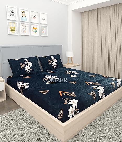 VOMZER Premium Elastic Fitted Warm bedsheets for Winter for Double Bed, Elastic Fitted Winter bedsheets for King Size Bed with 2 Pillow Covers, Size - 72 x 78 Inches (Blue Floral)