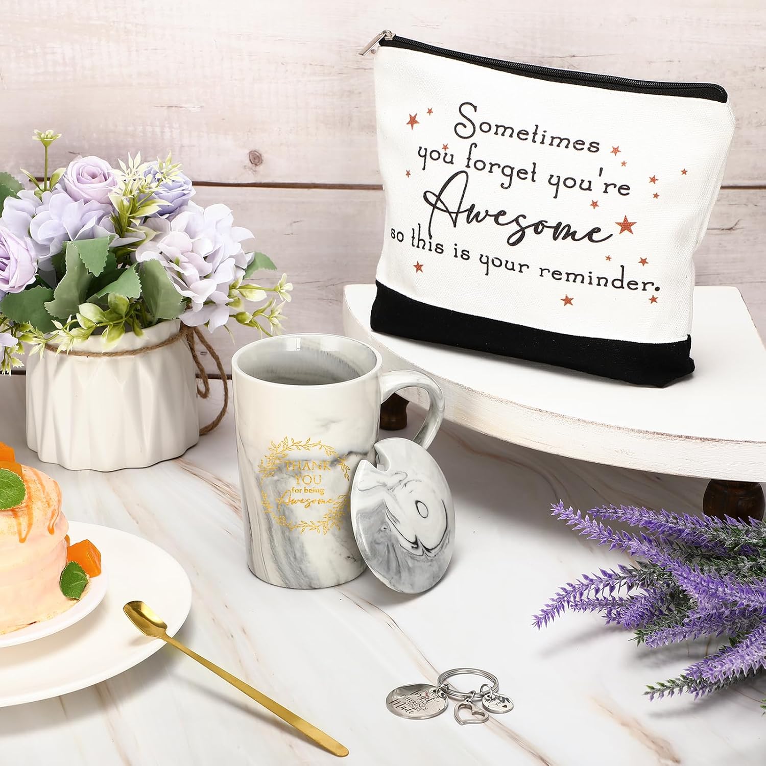 Hoolerry 3 Pcs Appreciation Gifts for Women Thank You Coffee Mug Cups with Lids Spoon Inspirational Cosmetic Bag Keychain for Teacher(Elegant Style) - Image 4