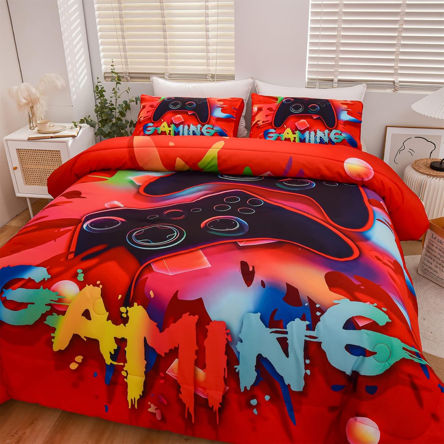 Aimuan Gaming Comforter Sets for Boys Kids Bedding Sets Video Games Console Action Buttons Novelty Colorful Game Gamepad Controller Modern Gamer Room Decor Home Quilt Set (Twin, Red) - Image 6
