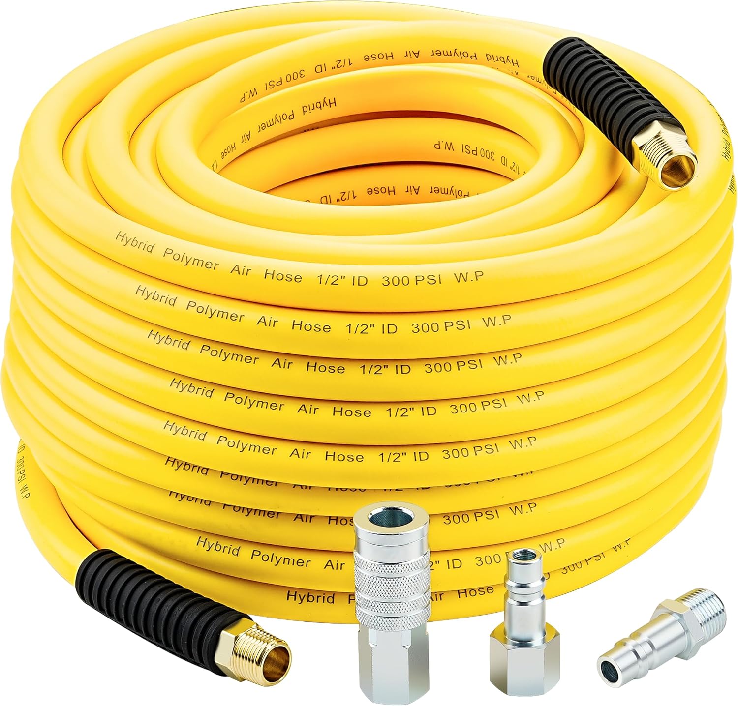 1/2 Inch x 100ft. Hybrid Air Hose with 1/2 in. MNPT Ends and Bend Restrictors, 3PCS 1/2” Air Coupler and Plug Kit, Air Compressor Hose Fittings and Accessories