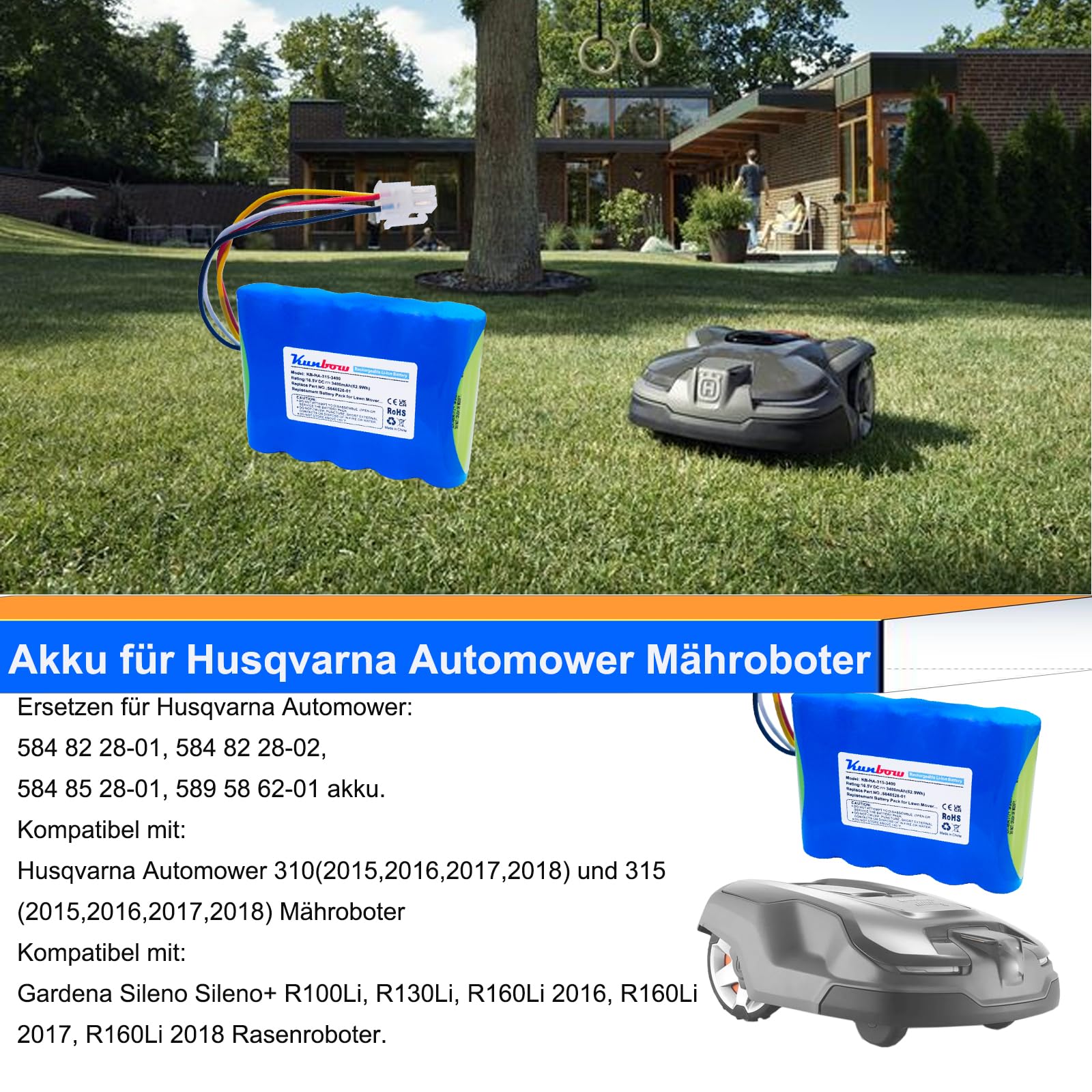 Batteria di ricambio per robot tosaerba Husqvarna Automower 310, 315, 5848228-01, 5848228-02,5848528-01, 5895862-01, compatibile con Gardena Sileno R100Li,R130Li,R160Li Robot da prato. (18,5