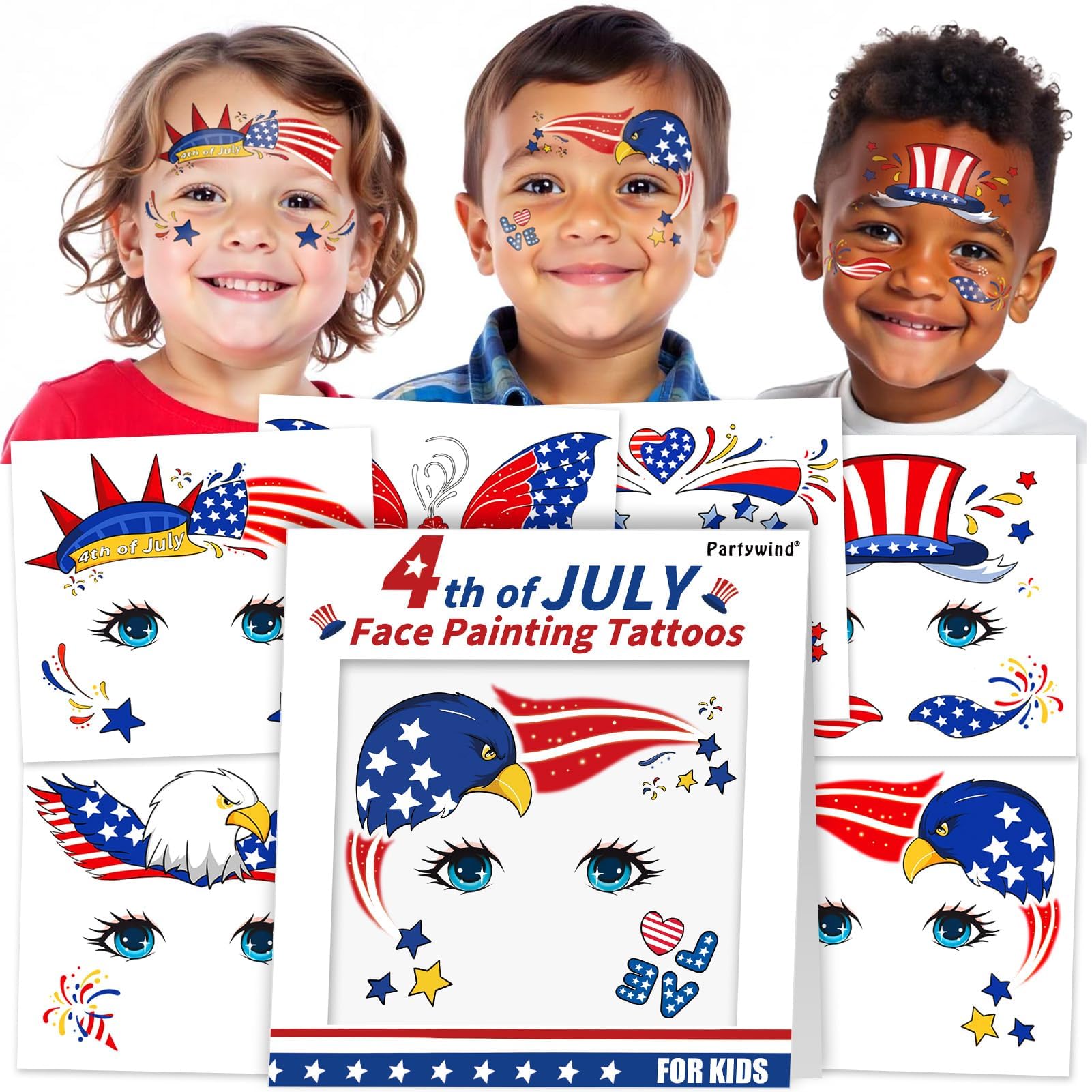 Partywind 4th of July Accessories Face Tattoos for Kids, Patriotic Temporary Tattoo Stickers for USA Labor Day Decorations, Special Red White and Blue
