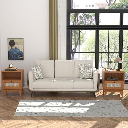Miniatura 8 de EasyCom Juego de 2 mesitas de noche, mesa de noche con cajón de ratán y pies de madera maciza, pequeña mesa auxiliar moderna de mediados de siglo