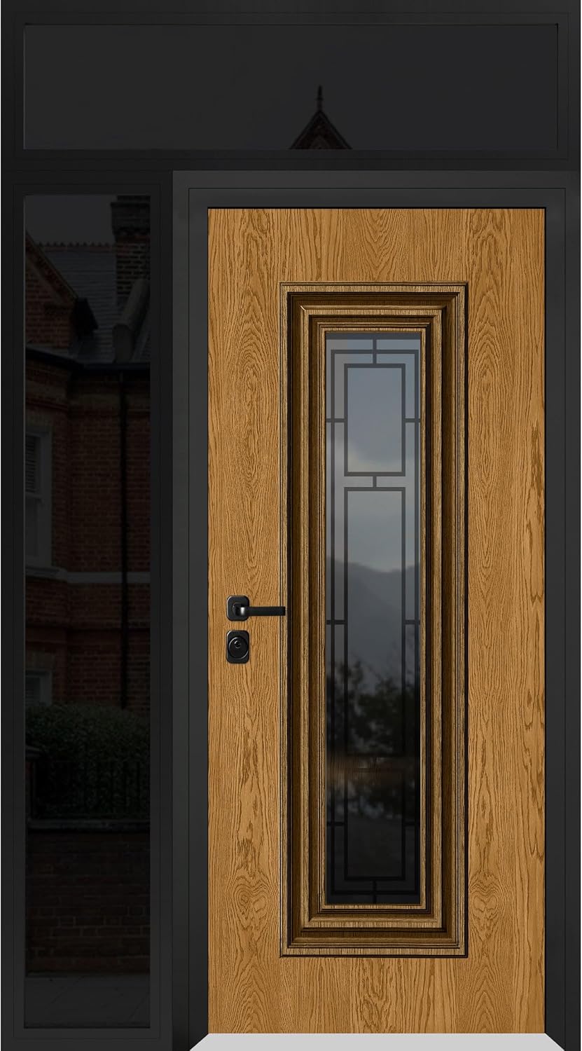 VDOMDOORS Front Exterior Prehung Steel Door/Ballucio 6644 Natural Oak/Side and Top Exterior Window Sidelite/Entry Metal Modern Painted W36+14" x H80+16" Right Hand Inswing