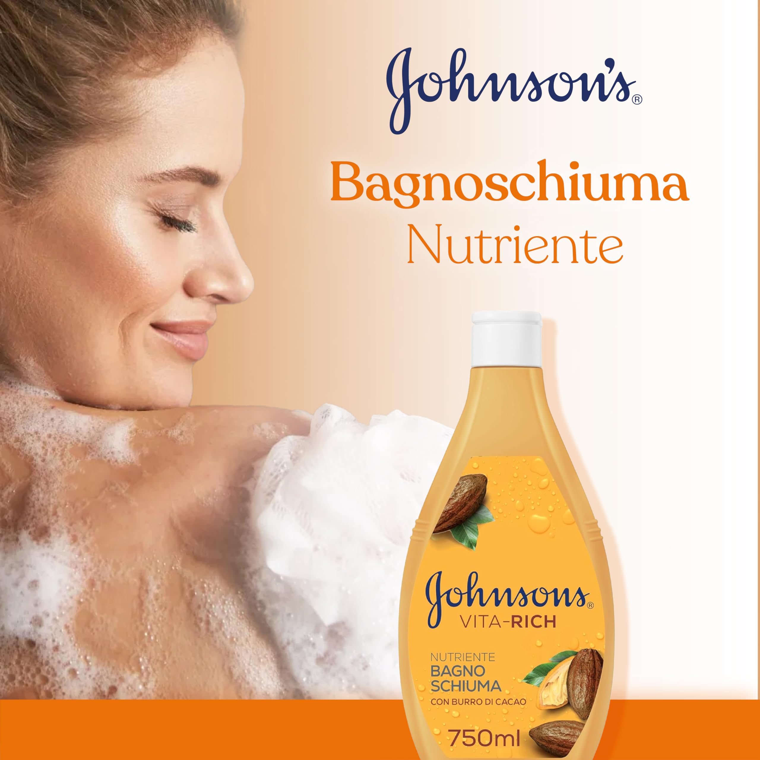 Johnson's Vita-Rich Bagnoschiuma Nutriente, Bagnodoccia con Burro di Cacao e Glicerina di origine vegetale, Docciaschiuma delicato e idratante per una pelle profumata e dall'aspetto sano, 750 ml