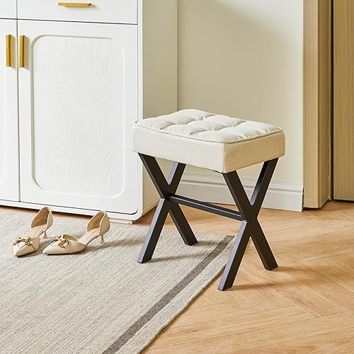 Miniatura 2 de IBUYKE - Taburete de maquillaje cuadrado con reposapiés de patas en X, reposapiés de lino, asiento otomano, multiusos como pequeña mesa auxiliar,